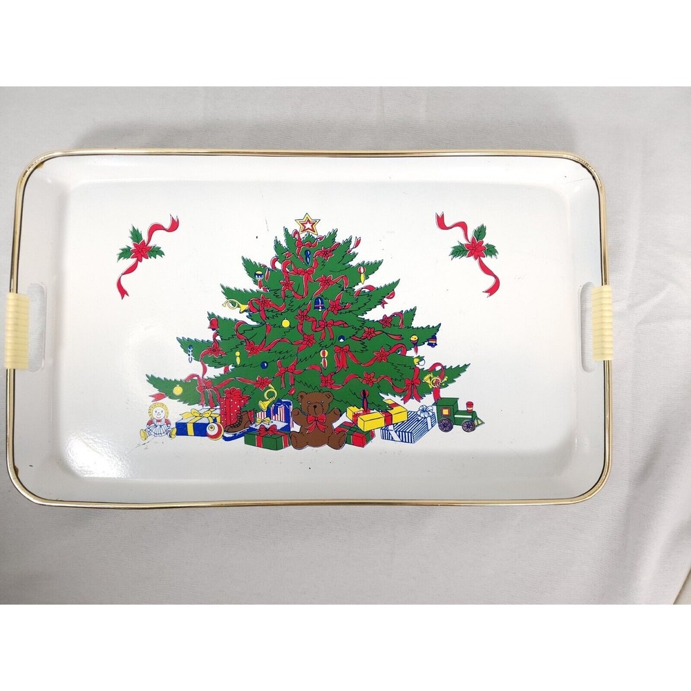 Vintage LACQUER WARE Christmas Holiday Serving Tray 18" x 11" Gold Trim Tea Tray - Picture 2 of 10
